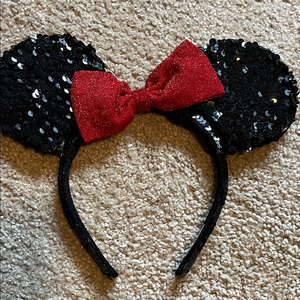Disney Parks Black Sequin Minnie Ears with Red Bow
